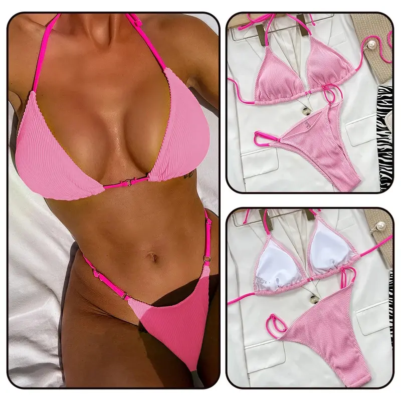 Una-Shop Solid Color Bikinis Sets With Adjustable Straps Trendy Swimsuit For Women Summer Beach Swim Pool Party Bikini Swimwear 3