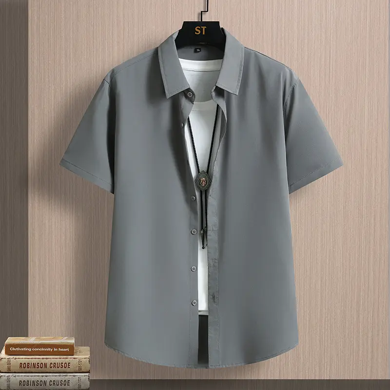 Drainage Ice Silk Shirt Short Sleeve Men's Summer Non-Iron Anti-Wrinkle Shirt Men's Casual Thin Shirt M-5xl Breathable Fabric Menswear Top Navy Navy Blue Office Polyester Smooth Soft Stylish Suits Lingerie Wetsuit