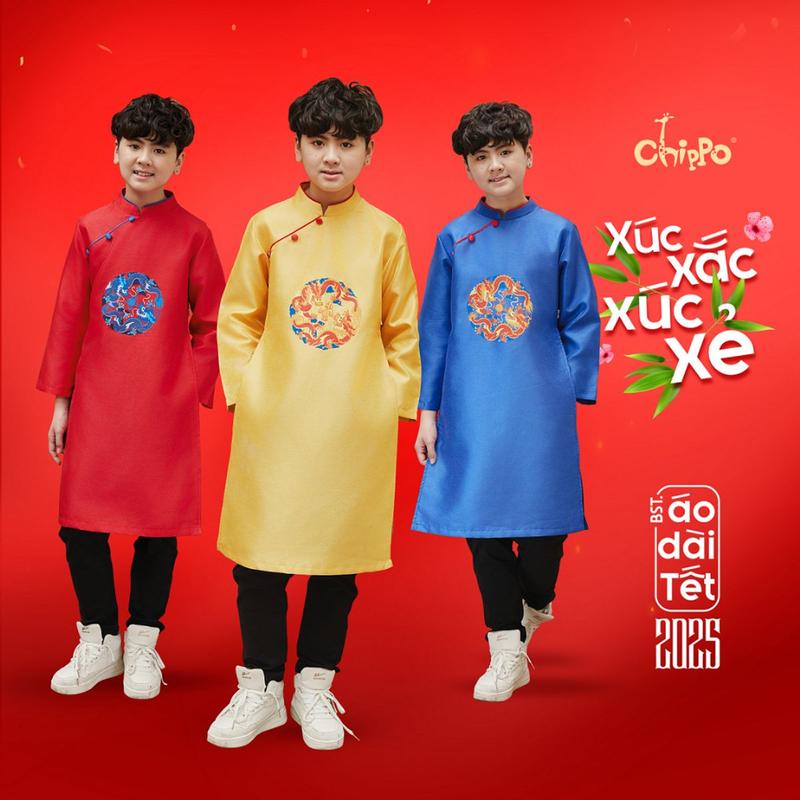 Áo dài tết dáng cách tân in hình rồng đón tết Chippo cho bé trai từ 8 đến 15 Tuổi(25-60Kg) AD rồng lé