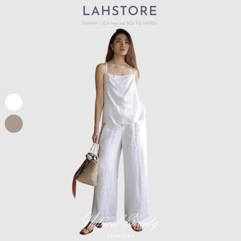 Set đồ nữ linen, áo 2 dây cổ ngang & quần dài suông ống rộng cạp cao lưng thun LAHSTORE (Trắng) Top Dáng Dài