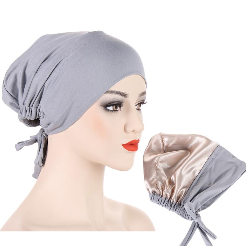 Product Introduction of Instant Hijab Muslim Tudung Inner Hijab New Multi-color Satin Cloth Drawstring Pullover Cap Base Cap Strap Tether Cap 14