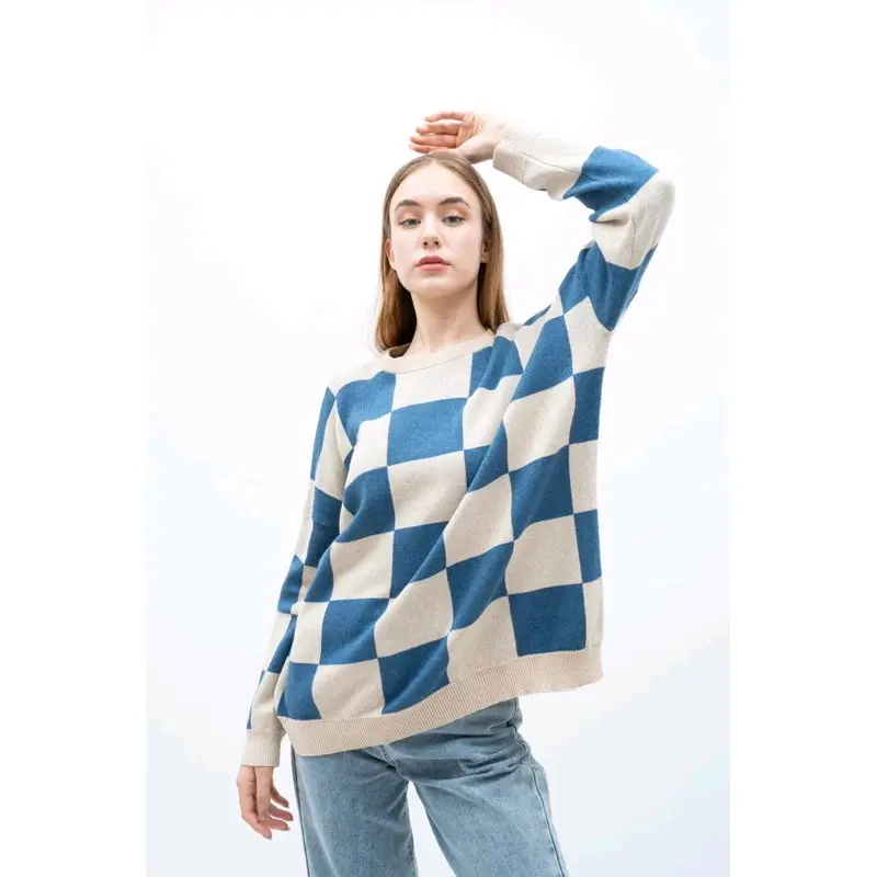 Anjani sweater rajut motif kotak atasan wanita korea lengan panjang Knitwear Fit Tangan 6