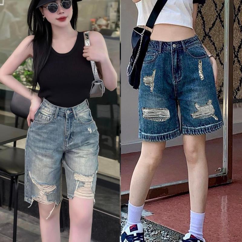 Moli Jeans - Quần Jeans Short Ngố Nữ Phom Ống Rộng Dáng Lửng Lưng Cao Thời Trang Bigsize 55-90kg 0095 0096 Pants Denim Women Ong quần  short dài quần  short ngắn đến đùi đầu gối quần  rin