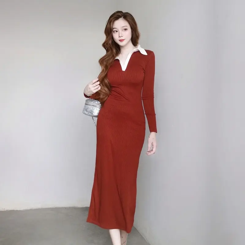 Đầm Nữ Cổ Trụ Phối Màu Tay Dài Chất Len Tăm Co Giãn KA11  Women 1