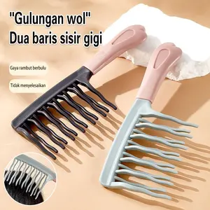Sisir pengeriting gigi bergelombang dua baris, sisir pijat kulit kepala antistatis 21x8cm, sisir perawatan rambut salon profesional, sisir penata rambut keriting besar, hijau/hitam
