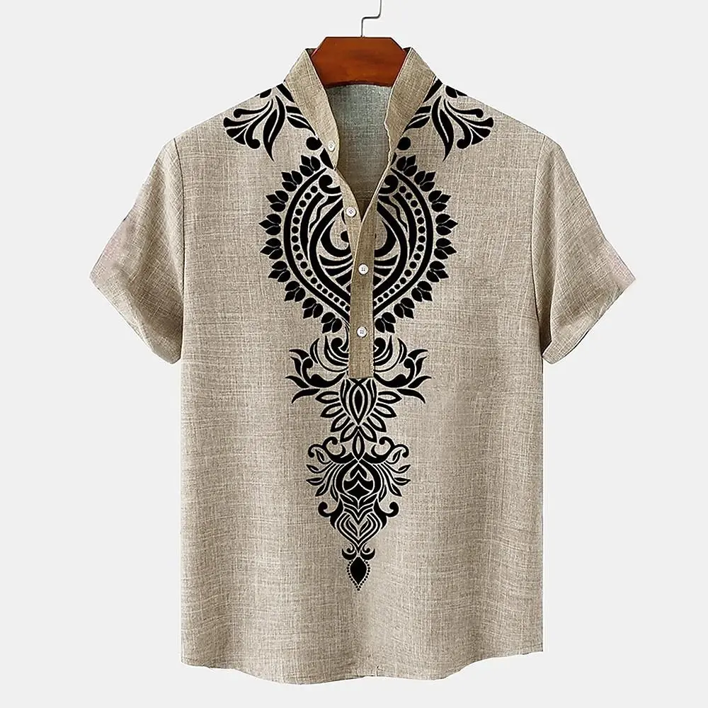 Men's spring and summer casual clothes with ethnic style 3D printing, Henry collar, fashionable buttons, oversized collar, short sleeved T-shirt shirt