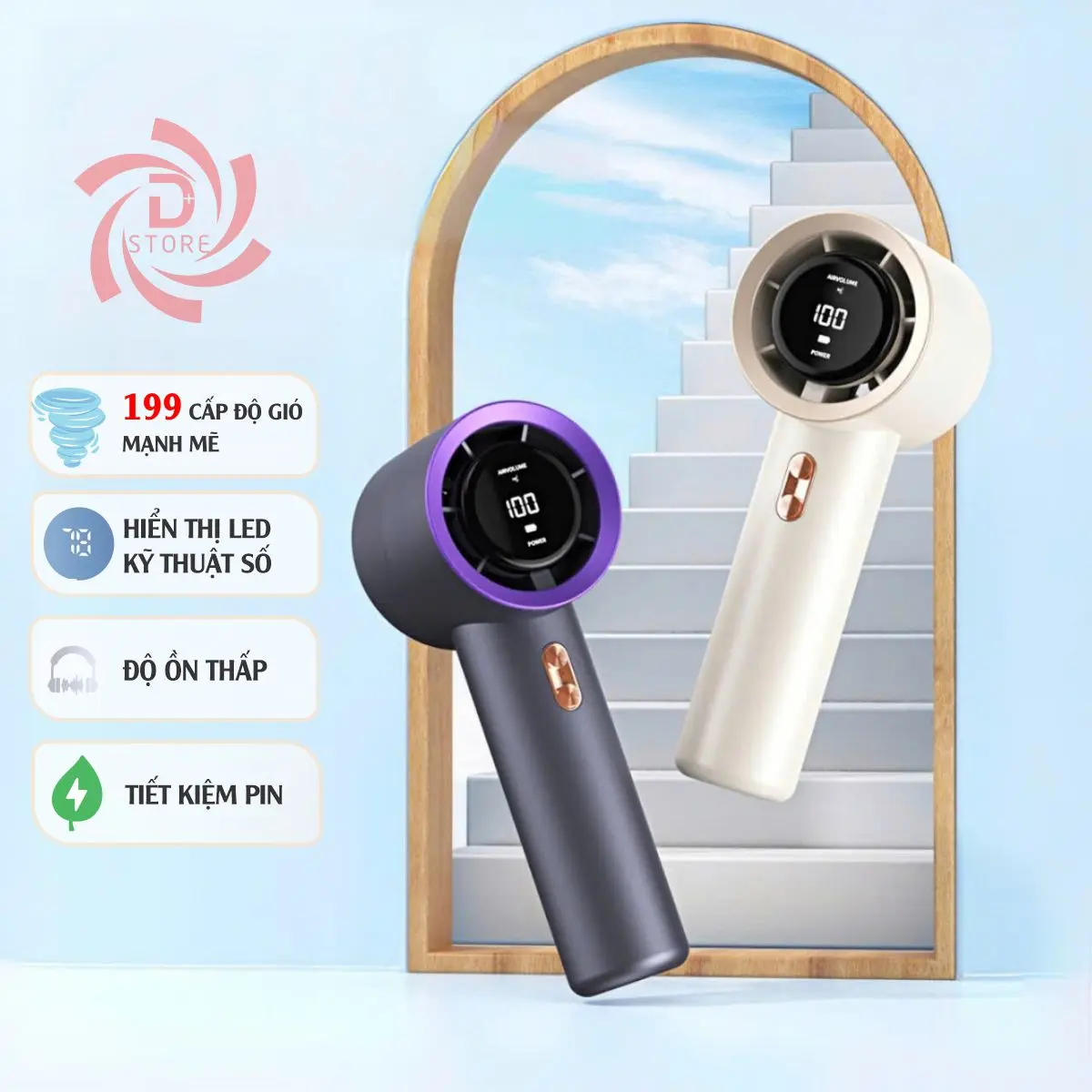 Quạt MIni cầm tay tích điện cao cấp DSTORE 199 mức gió Turbo mạnh mẽ
