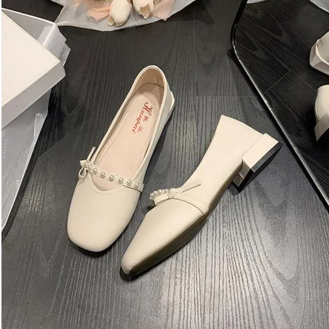 Giày gót vuông da mềm mũi vuông quai ngang đính ngọc nữ tính phong cách Hàn quốc đế cao su dẻo 3cm đi êm chân - Mã GN72 Gót thấp (1-3 cm) Gót thấp (1-3 cm) 6