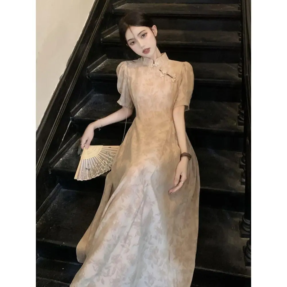 Váy dài thời trang nữ, phong cách Trung Quốc mới, cải tiến Qipao, phong cách quốc gia, thanh lịch kiểu Pháp, hàng mới về cho mùa hè năm 2025