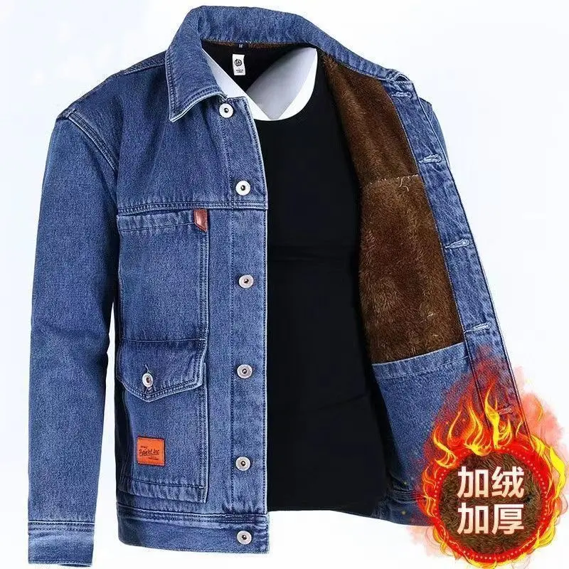 Áo Khoác Denim, Lót Lông Cừu, Dày Dặn, Trang Phục Ấm Áp Cho Nam, Chống Gió, Chống Thấm Nước, Thích Hợp Cho Mùa Đông, Nam Trung Niên, Ngoại Cỡ, Dáng Rộng Vừa Vặn, Áo Khoác Quần Áo Denim