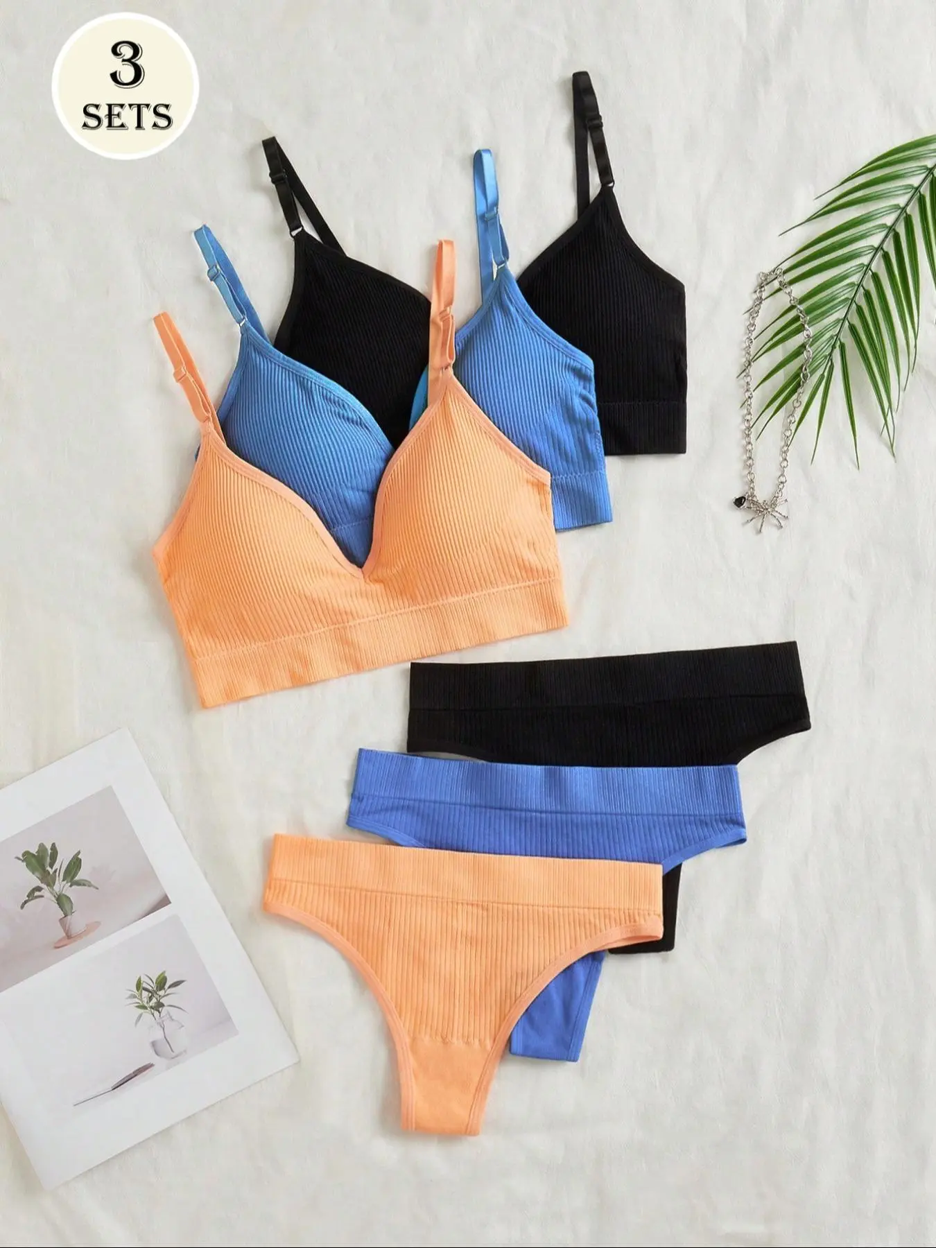 Women's Two-Piece Set Solid Wireless Bra & Thong Ribbed Underwear Set, Minimalist Adjustable Strap Push Up Lingerie Top & Panty Set, Soft Comfortable Breathable Underwear Set for Daily Wear