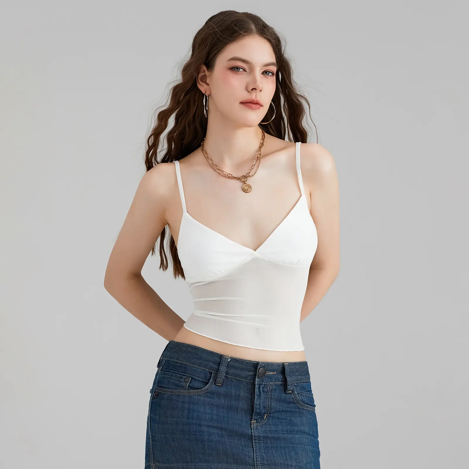 Women Camisole, Spaghetti Straps V Neck Tulle PatchworkFit Summer Tops for Party Club