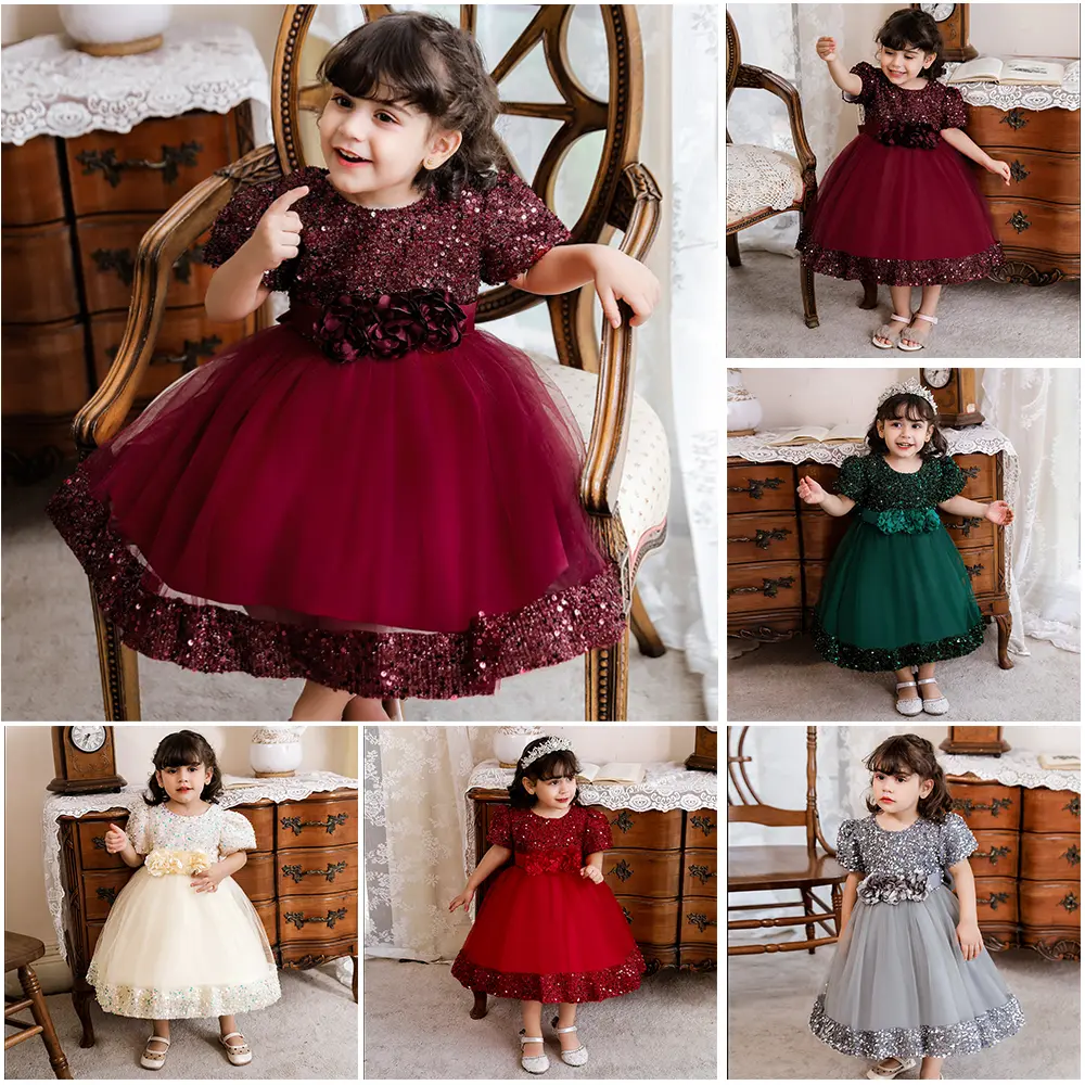 [BrandedBaby] 6M-8T Dress Pesta Anak Perempuan Lengan Pendek Mewah 2023 Gaun Merah
