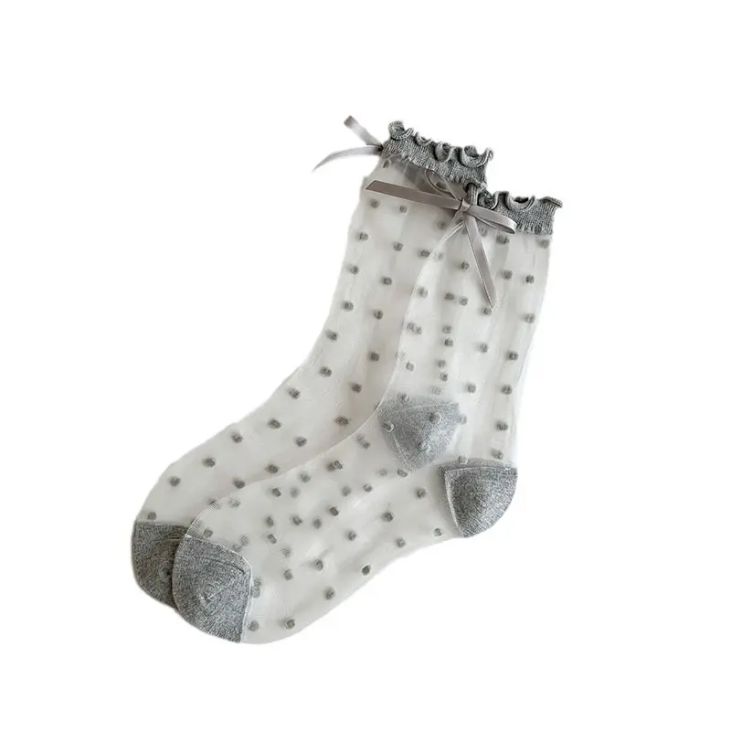 Glass Stockings Women's Summer Thin Transparent Sweet Bow Sexy Silk Stockings Japanese Girly Style Cute Polka Dot Socks
