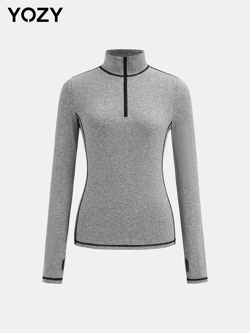 Product Introduction of YOZY Women's Solid Contrast Binding Zip Up Thumb Hole Design Sports Tee, Casual Long Sleeve Stand Collar T-shirt for Outdoor Running, Ladies Sportswear for All Seasons 2