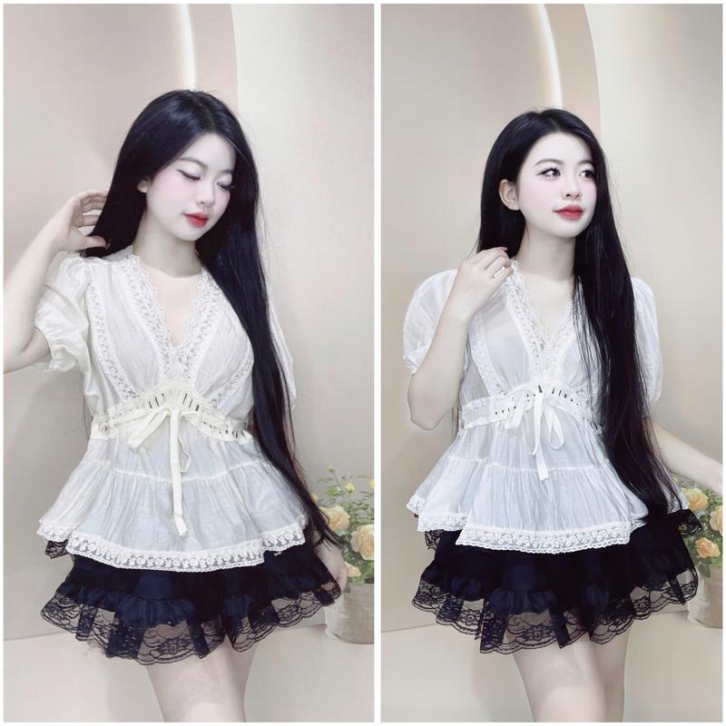 Sét bộ áo Thiểu thư cộc tay cổ V Mix Dây Đan Thắt Eo Kemc Chân Váy Tầng Xoè Trẻ TRung 1