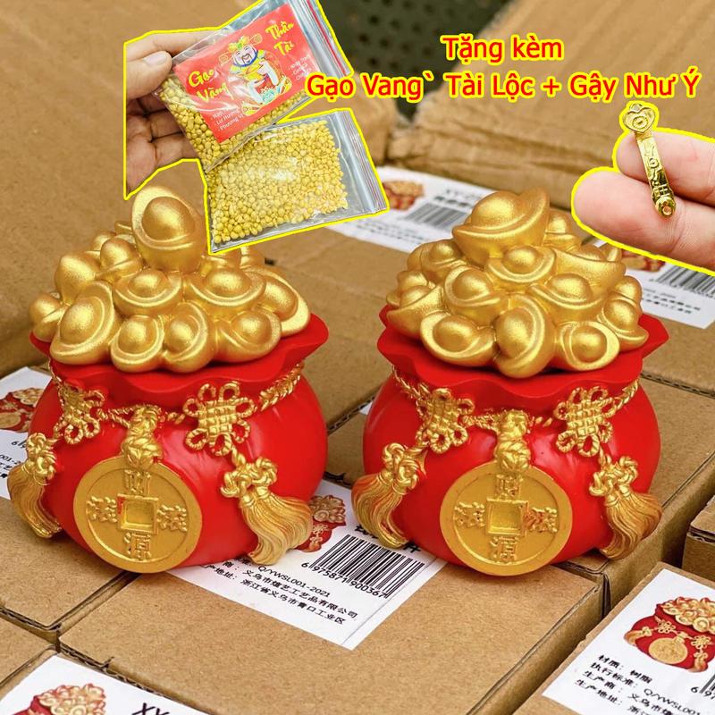 (GỒM 1 HŨ + 1 TÚI VANG` + 1 GẬY NHƯ Ý)[TẶNG GẠO VANG` TÀI LỘC + GẬY NHƯ Ý] Hũ đựng muối gạo nước tài lộc Trang Trí , Decor Phòng