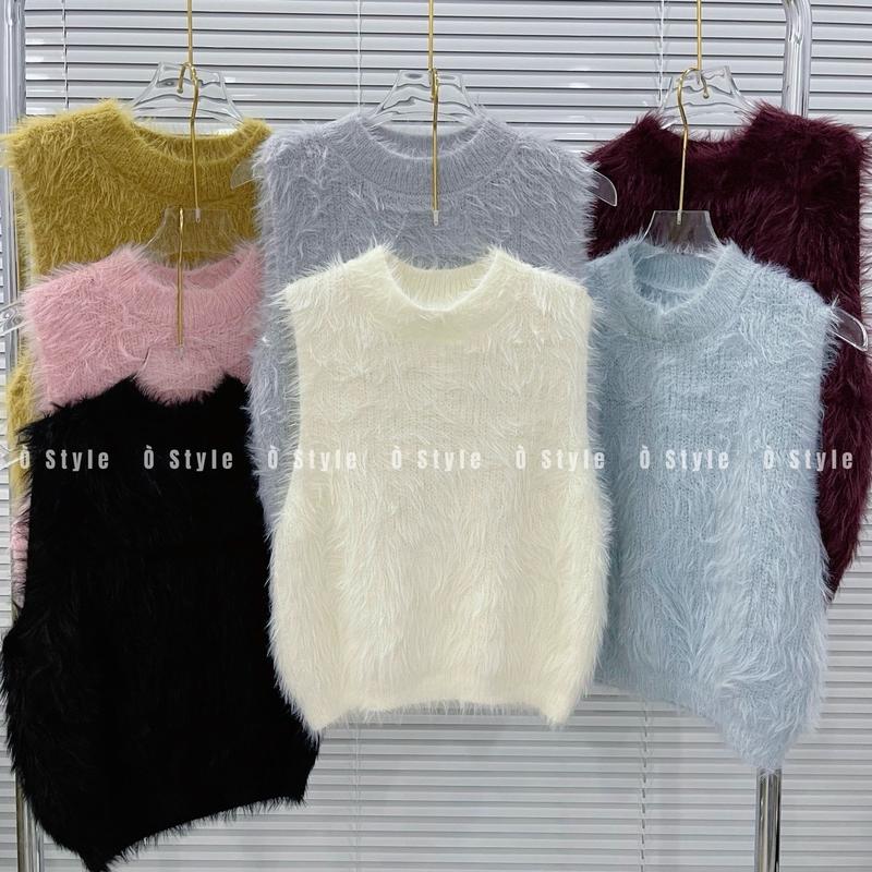[AL060] Áo len lông sát nách cổ tròn mềm mại dáng lửng top women Đen Kem Cardigan long croptop