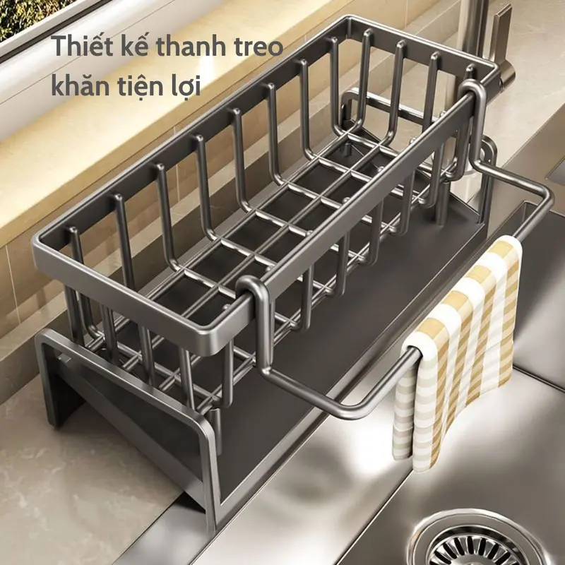 Giá để đồ rửa chén bát kèm thanh treo khăn chất liệu thép không gỉ có khay hứng nước Kitchen 4