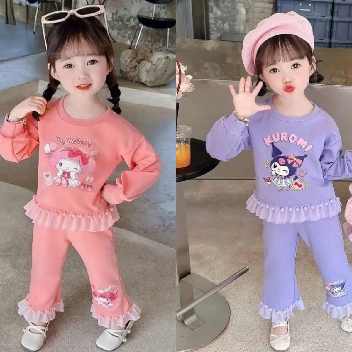 Set bộ đồ, bộ quần áo thu đông phối bèo dành cho bé gái mẫu hoạt hình KUROMI từ 10-30kg theo phong cách Hàn Quốc