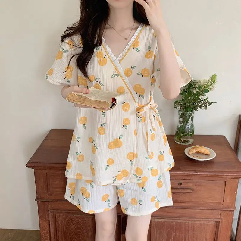 Bộ Đồ Ngủ Kimono Phong Cách Nhật Bản, Màu Cam Tươi Mới, Dành Cho Trang Phục Mùa Hè, Đồ Mặc Ở Nhà Dành Cho Nữ, Bộ ngắn Tay, Có Thể Mặc Ngoài Trời, OOTD, Thiết Kế Ngọt Ngào Và Dễ Thương