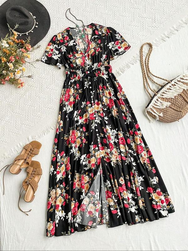 Floral Print Tie Button Front A Line Long Dress, Chic Sun Dress, Frenchy Dress in Club, Dresses, Boho V Neck Long Milkmaid Dress, Homecoming Dresses, Shortsleeve Dresses for Women, Boho Clothes Women 4