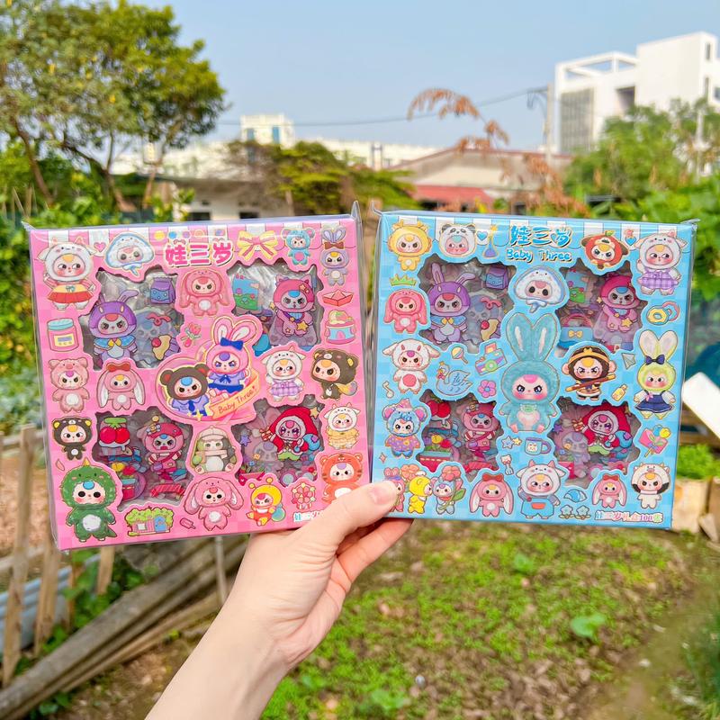 Hộp 100 tấm sticker BABY THREE ,LABUBU trang trí bìa sổ, bìa sách , nhãn dán trang trí dễ thương