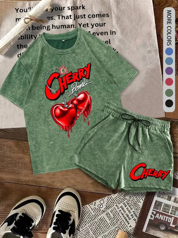 Two-piece Set Women's Cherry Print Tee & Shorts, Casual Round Neck Short Sleeve T-shirt & Shorts, Ladies Summer Clothes for Daily Wear, Suits, Womenswear 4