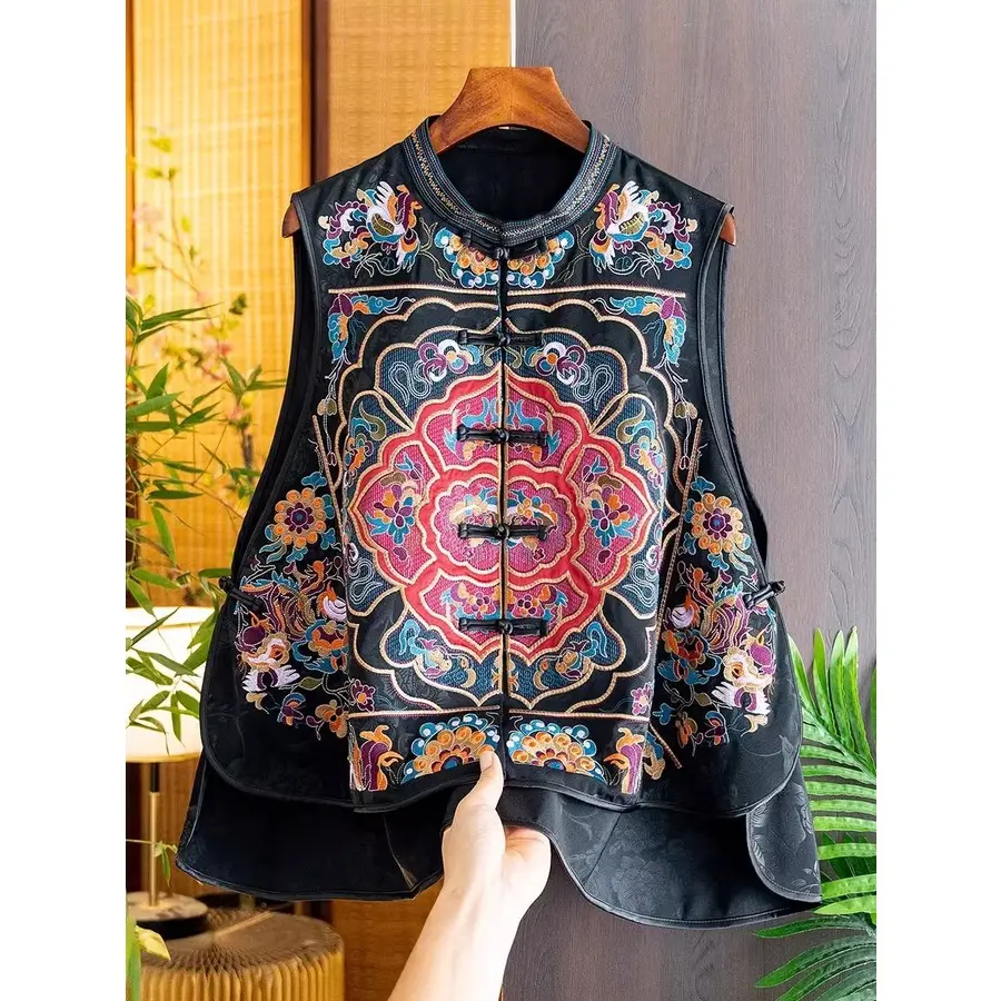 Áo Vest Nữ Thêu, Phong Cách Trung Quốc, Jacquard Cổ Điển Quần Áo Màu Đen, Không Tay, Áo Vest Thường Ngày Cho Nữ