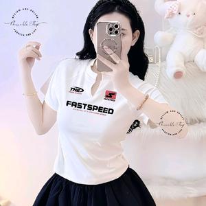 Áo Thun Nữ Cổ Trụ Chữ V In Chữ Fast Speed  , Chất Vải Thun Borip, Voan Women Top Trắng Lịch Polo