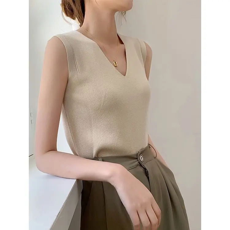 Knit Tank Top V-Neck Ice Silk Sleeveless Summer Clothing Vests for Women Korean Fashion Loose Elegant Casual Top