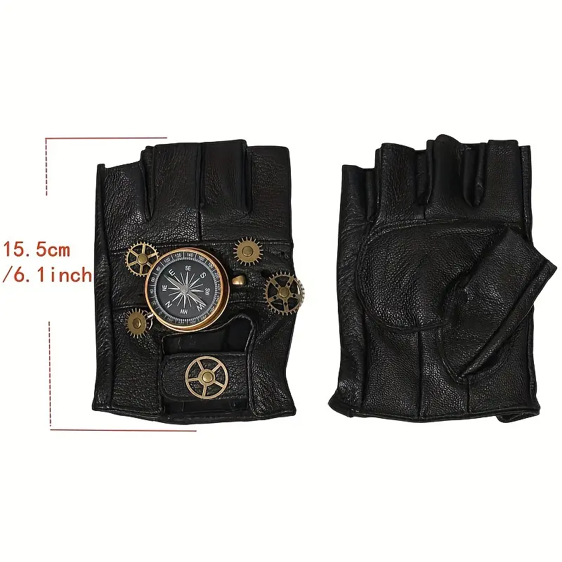 1pair Steampunk-Inspired Fingerless Gloves, Faux Leather With Metal Compass And Gears, Punk Rock Style, Rivet Accents, Halloween Cosplay Accessory 5