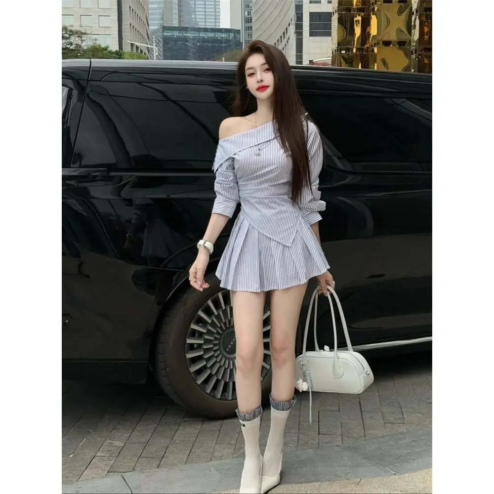 Bộ Váy Cỡ Lớn Cho Bé Gái, Thiết Kế Kiểu Pháp, Dành Cho Phụ Nữ Trưởng Thành, Phong Cách Nữ Tính, Áo Dài Tay Áo Sọc Vai, Váy Dài Trung Bình Bó Sát Eo, Thích Hợp Cho Mùa Xuân, Mới Năm 2025, Bán Chạy Tại Cửa Hàng