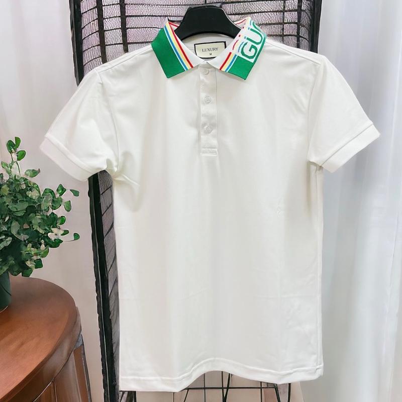 Áo polo nam phối cổ bo dệt thêu chữ màu xanh lá phong cách boy phố Menswear Có Cổ Shirt Thun Kem Ngắn Tay Tre