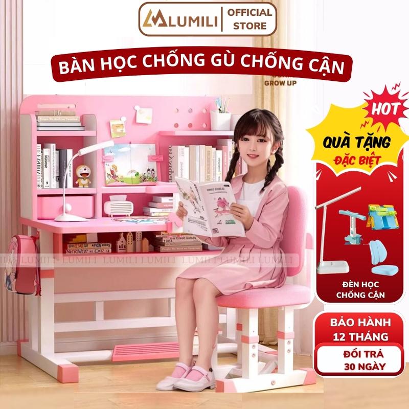 Bàn học chống gù Lumili E08 mới 2025, bàn ngồi học trẻ em chống gù, thiết kế kệ sách lớn, kèm ghế nâng hạ dễ dàng