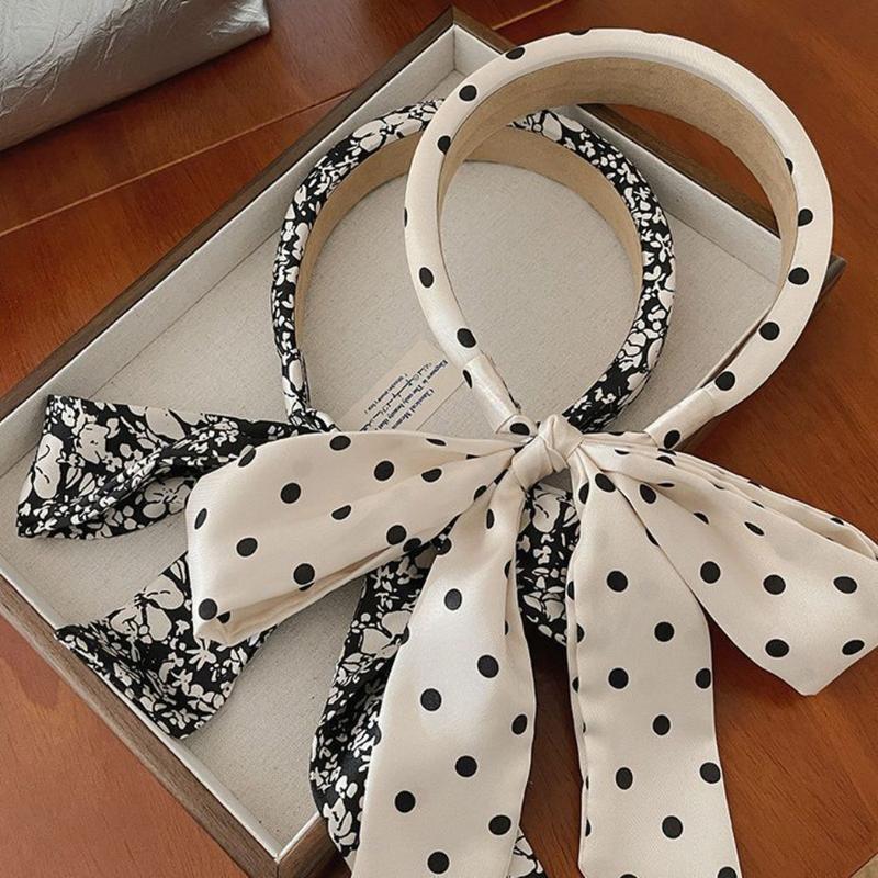 Product Introduction of Fashion 2024 New Women's Polka Dot Bow Ribbon Headband Face Washing Hair Pressing Headband High Skull Hair Tied Ribbon Headdress 29