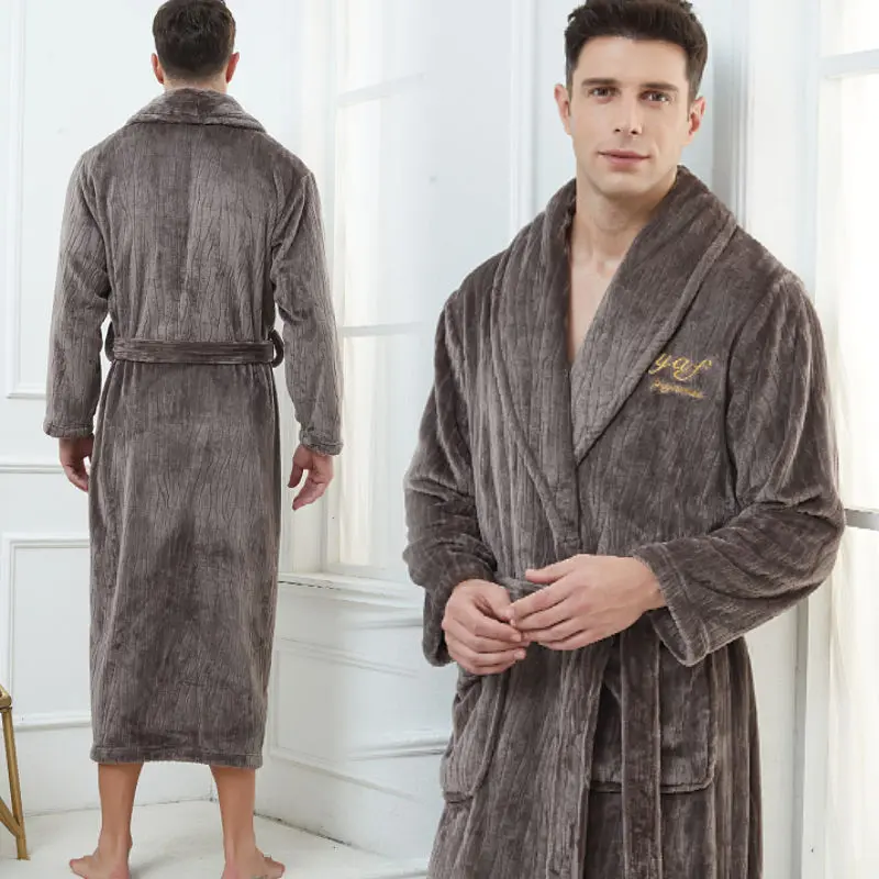 Winter plus Velvet Pajama Flannel Men's Fashionable Bathrobe Solid Color Hotel Bathrobe Coral Velvet Pajamas Lint-Free Loungewear Menswear