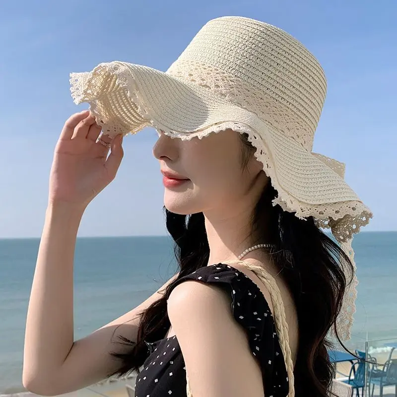 Bow Detail Straw Sun Hat 2025 - Floral Lace Wave Brim Beach  display picture 3