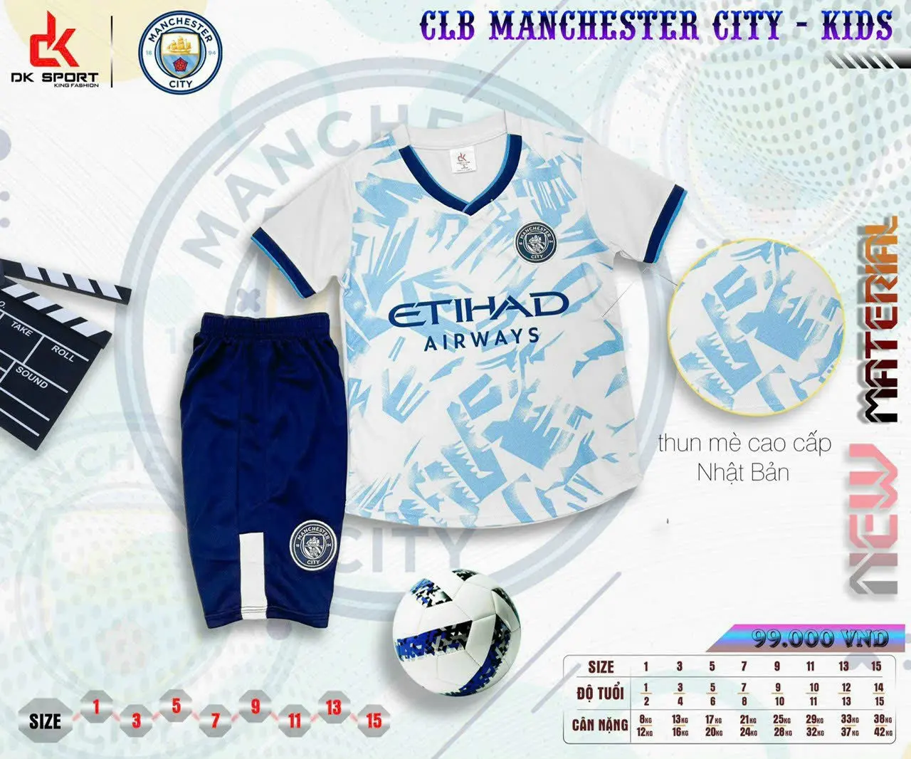 Bộ quần áo đá bóng Manchester City trắng xanh- trẻ em- vải mè Nhật (có in TÊN + SỐ theo yêu cầu)