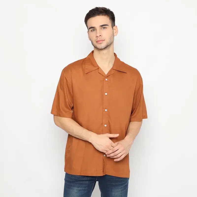 Kemeja Rayon Twill Pria Lengan Pendek Oversize Polos Casual Katun arkline polo elegan Pas 4