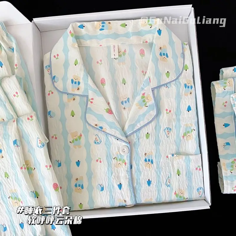 Bộ Đồ Ngủ Ba Mảnh, Chất Liệu Bông Đám Mây, Dành Cho Nữ, Mùa Hè, ngắn Tay, Quần Dài Và Quần Đùi, Phong Cách Hoạt Hình Cô Gái Dễ Thương, Thích Hợp Cho Phong Cách Preppy, Bộ Đồ Mặc Nhà