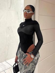 Women's Solid Letter Embroidery High Neck Ribbed Bodysuit, Elegant Fashion Patchwork Long Sleeve Bodysuit for Daily Outdoor Wear, Women Clothing for Spring Fall