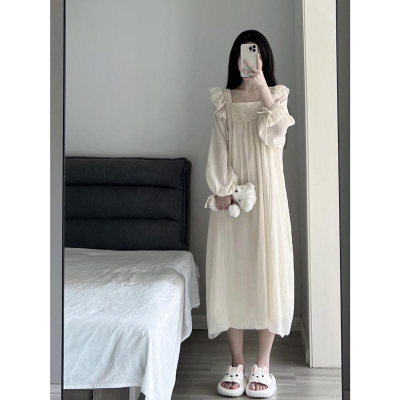 Váy Ngủ Dài Tay, Dành Cho Nữ, Bộ Sưu Tập Mùa Xuân Và Mùa Thu, Hàng Mới Về, Phong Cách Ngọt Ngào, Màu Trơn Nơ Ren Cao Cấp, Váy Ngủ Xếp Ly, Thích Hợp Mặc Nhà, 2025 3