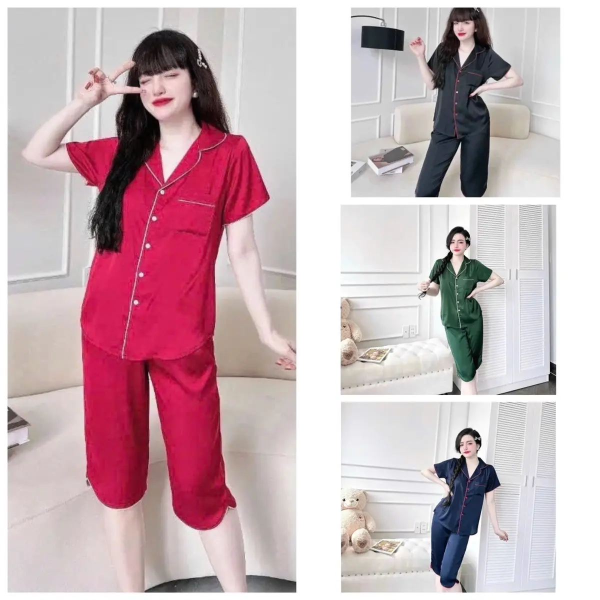 Bộ lững latin màu trơn40 đến 75 kg viền tay ngắn cổ truyền thống ,đồ mặc nhà thoáng mát Women Nữ Quần Ngủ Áo Ngủ Dài Tay Pijama