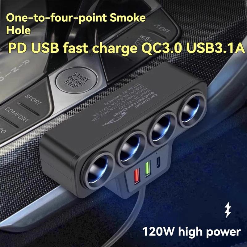  Bộ chuyển đổi bật lửa  ô tô 12V   24V 120W Ổ cắm 4 in1 USB QC3.0 PD3.1A Bộ sạc nhanh ô tô Cắm chuyển đổi điện ô tô Sạc nhanh cho tất cả các điện thoại 