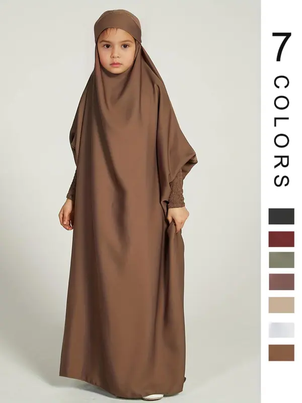 Girl's Solid Batwing Sleeve Tie Back Hoodie Abaya Dress, Modest Outfits, Casual Long Sleeve Elastic Cuff Loose Dress for Kids, Kids Clothing for Summer, Clothes for Girls, Kids Fancy Dress, Girl Clothes 2