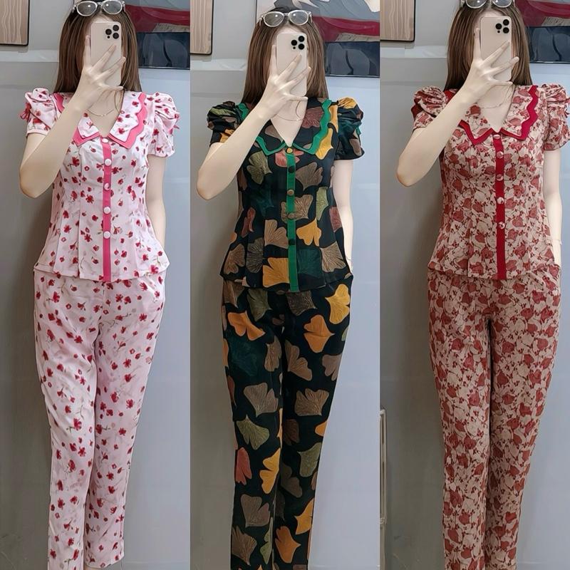 [Quần dài ] Set cổ lượn sóng 2 lớp tay nhún phồng trích 6 ben vải mango mềm mướt mát Women Top- đồ bộ miền tây -nam -trung