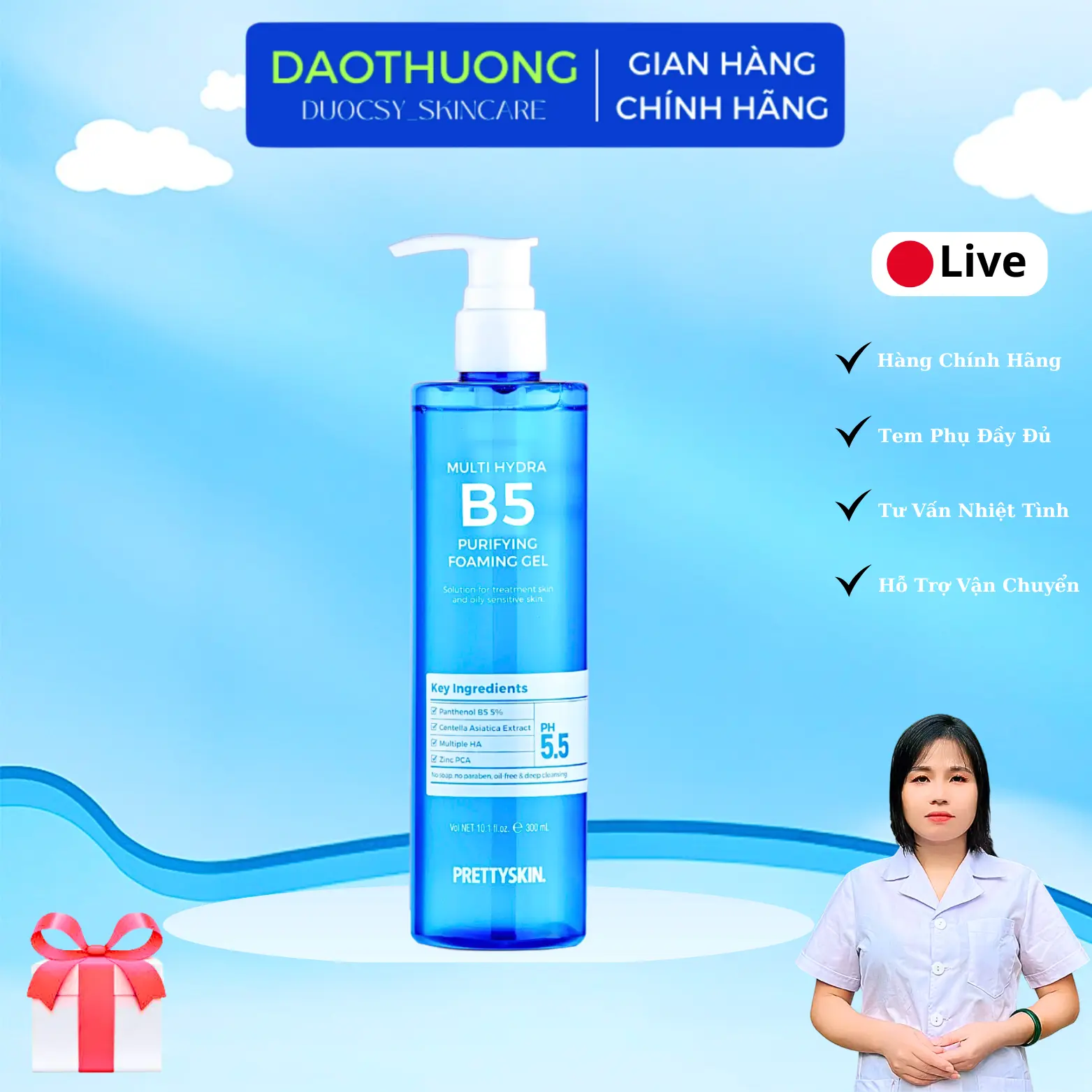 Prettyskin: Sữa Rửa Mặt Multi Hydra B5 Purifying Foaming Gel (chai 300ml) Cho Mọi Loại Da Skincare Dưỡng Da Làm sạch Nữ Nữ _
