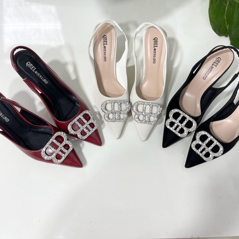 Giày mũi nhọn hở gót chất tuyết nhung mềm gắn hiệu BB đá sang trọng gót 5p,7p và 9p