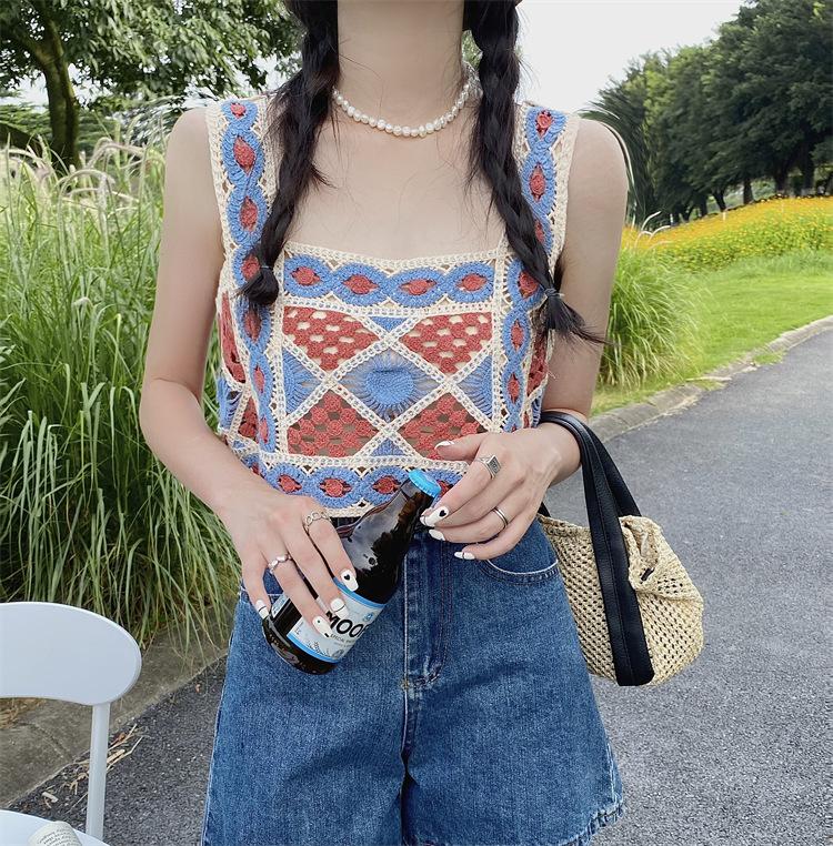 Product Introduction of Bohemian ethnic style small camisole vest embroidered hollow knit short piece for women's sleeveless interior 23